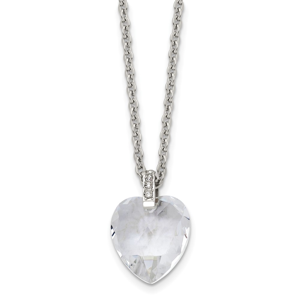 Stainless Steel Polished Crystal Heart w/CZ 18in Necklace