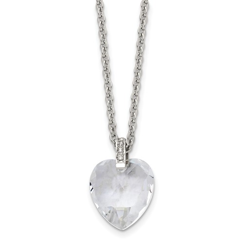 Stainless Steel Polished Crystal Heart Necklace with CZ, 18"
