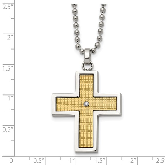 Chisel Stainless Steel Polished with 14k Gold Accent .01 carat Diamond Cross Pendant on a 22 inch Ball Chain Necklace