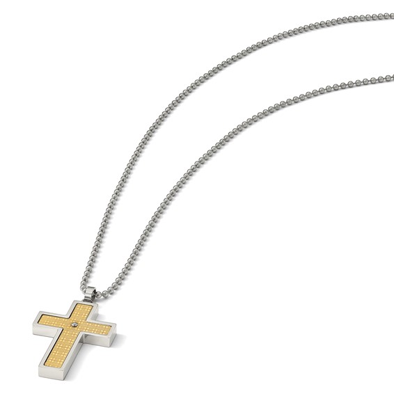 Chisel Stainless Steel Polished with 14k Gold Accent .01 carat Diamond Cross Pendant on a 22 inch Ball Chain Necklace