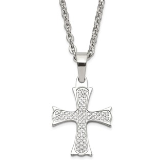 Stainless Steel Polished CZ Cross Necklace