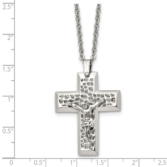 Chisel Stainless Steel Polished and Textured Crucifix Pendant on a 20 inch Cable Chain Necklace