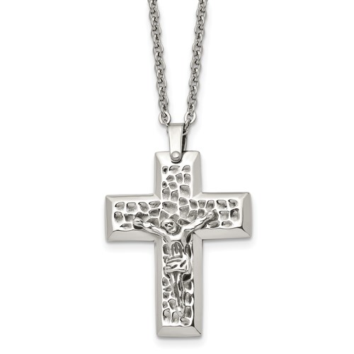 Chisel Stainless Steel Polished and Textured Crucifix Pendant on a Cable Chain Necklace, 20"