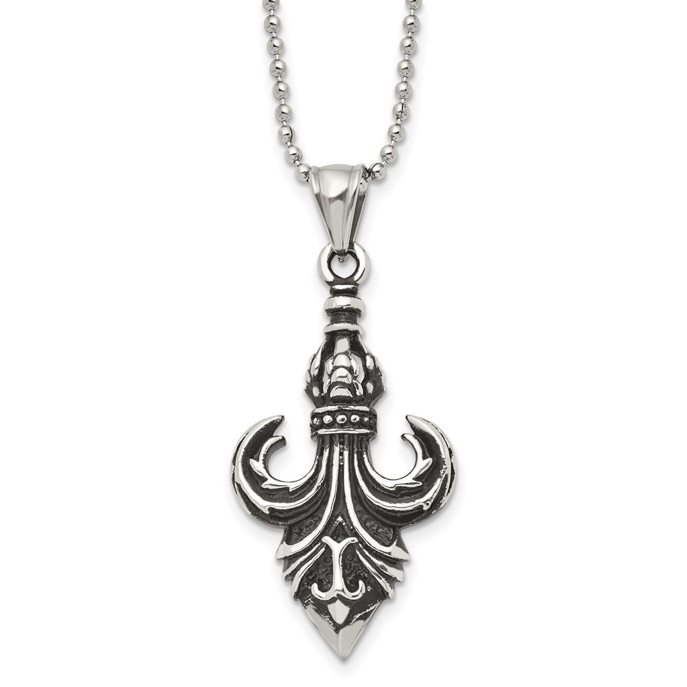 Stainless Steel Antiqued and Polished Fleur de lis 24in Necklace