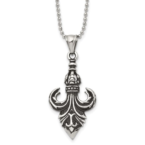 Stainless Steel Antiqued and Polished Fleur De Lis Necklace, 24"