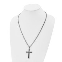 Chisel Stainless Steel Polished Necklace with Black Carbon Fiber Inlay Cross Pendant on a Curb Chain, 24" view 4