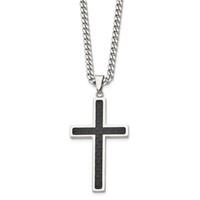 Chisel Stainless Steel Polished Necklace with Black Carbon Fiber Inlay Cross Pendant on a Curb Chain, 24" view 1