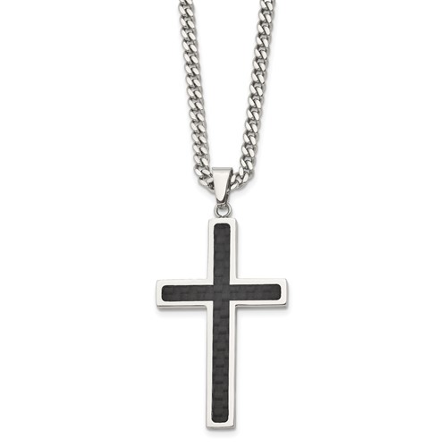 Chisel Stainless Steel Polished Necklace with Black Carbon Fiber Inlay Cross Pendant on a Curb Chain, 24"