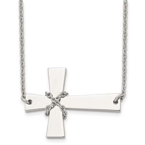 Chisel Stainless Steel Polished Sideways Cross Necklace with Chain on a Cable Chain, 21"