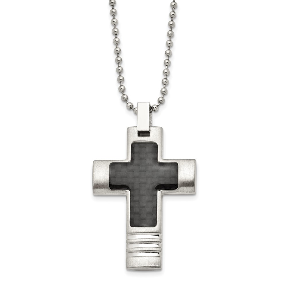 Stainless Steel Brushed & Polished w/Carbon Fiber Inlay Cross Necklace