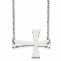 Stainless Steel Polished Sideways Cross Necklace, 21" view 1