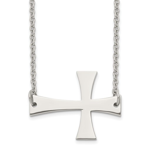 Stainless Steel Polished Sideways Cross Necklace, 21"