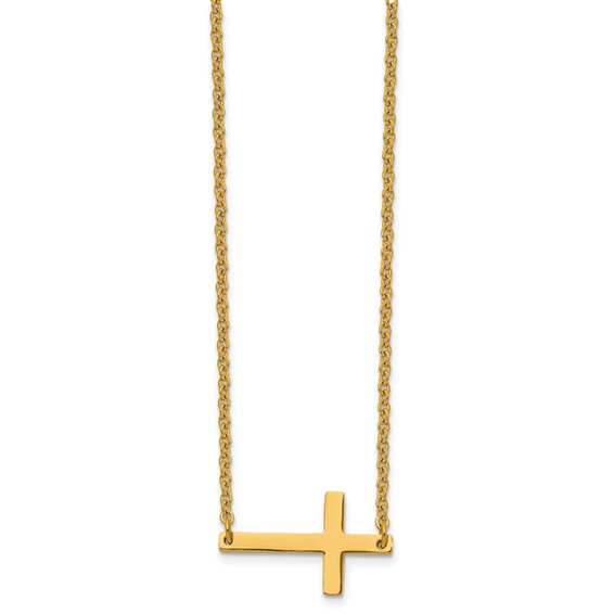 Chisel Stainless Steel Polished Yellow IP-plated Sideways Cross on an 18 inch Cable Chain Necklace
