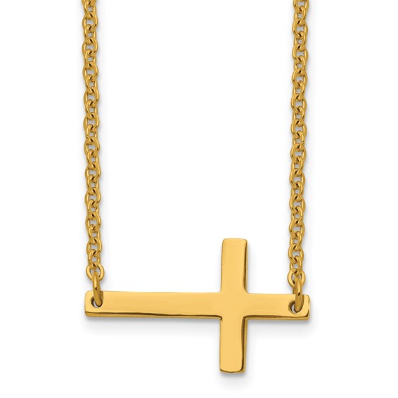 Chisel Stainless Steel Polished Yellow IP-plated Sideways Cross on an 18 inch Cable Chain Necklace