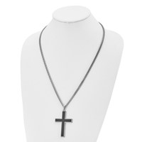 Chisel Stainless Steel Polished Necklace with Black Carbon Fiber Inlay Cross Pendant on a Curb Chain, 24" view 4