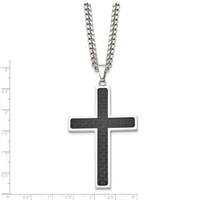 Chisel Stainless Steel Polished Necklace with Black Carbon Fiber Inlay Cross Pendant on a Curb Chain, 24" view 3