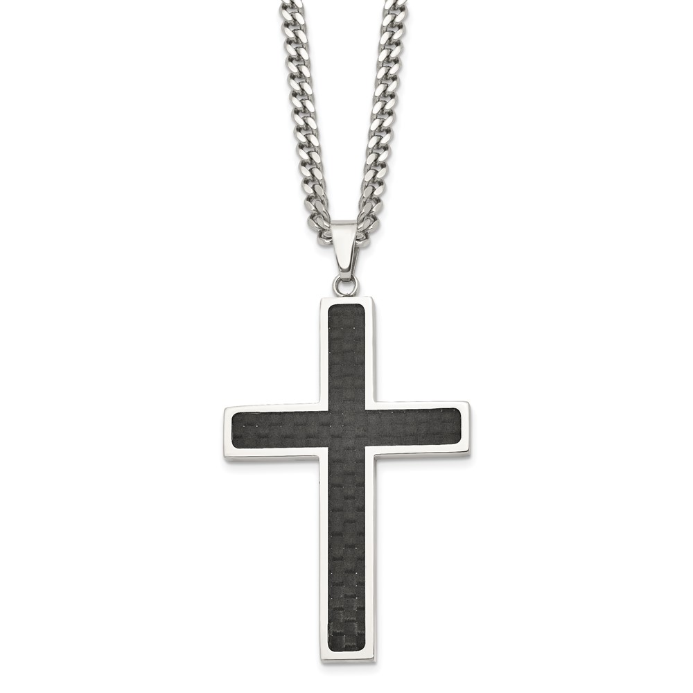 Stainless Steel Polished w/Black Carbon Fiber Inlay Cross 24in Necklace