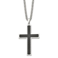 Chisel Stainless Steel Polished Necklace with Black Carbon Fiber Inlay Cross Pendant on a Curb Chain, 24" view 1