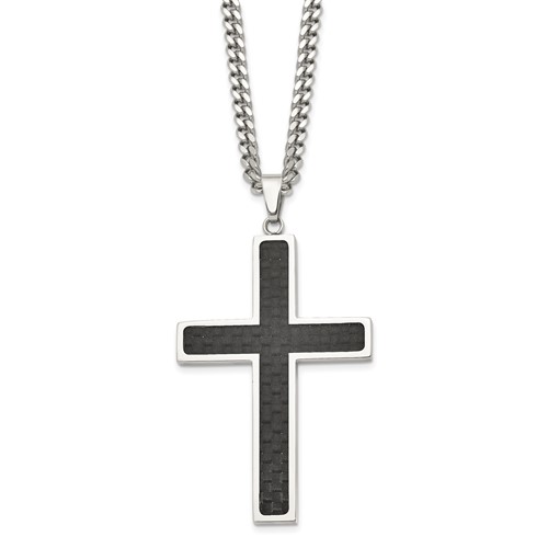 Chisel Stainless Steel Polished Necklace with Black Carbon Fiber Inlay Cross Pendant on a Curb Chain, 24"