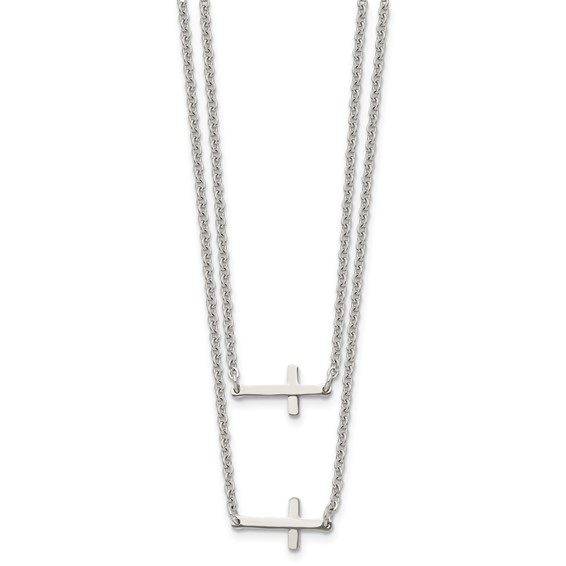 Chisel Stainless Steel Polished Double Sideways Crosses on Layered 16.5 inch Cable Chain Necklace