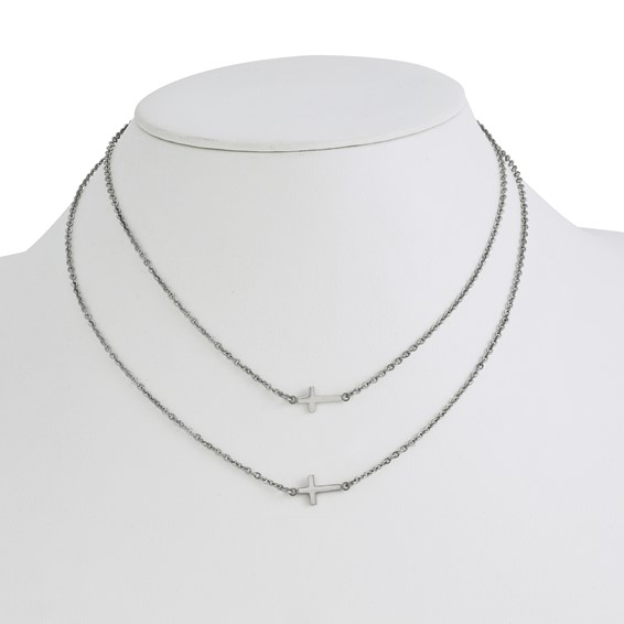 Chisel Stainless Steel Polished Double Sideways Crosses on Layered 16.5 inch Cable Chain Necklace