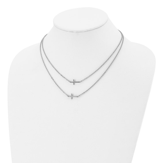 Chisel Stainless Steel Polished Double Sideways Crosses on Layered 16.5 inch Cable Chain Necklace