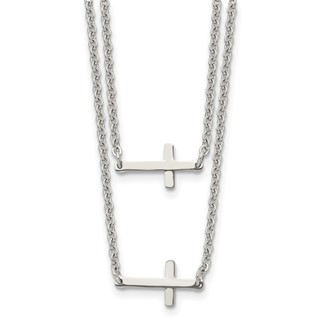 Chisel Stainless Steel Polished Double Sideways Crosses on Layered 16.5 inch Cable Chain Necklace