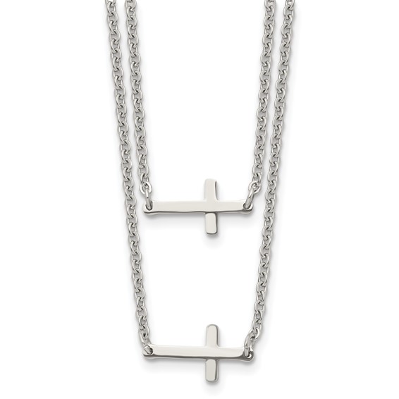 Chisel Stainless Steel Polished Double Sideways Crosses on Layered 16.5 inch Cable Chain Necklace