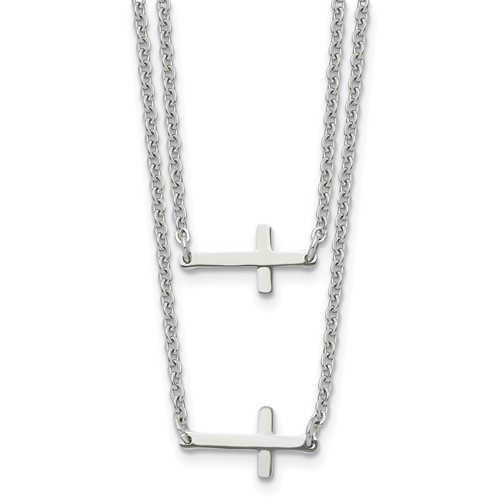 Chisel Stainless Steel Polished Double Sideways Crosses on Layered Cable Chain Necklace, 16.5"