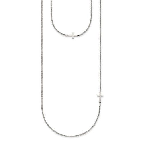 Chisel Stainless Steel Polished Layered Sideways Cross on an 18 Inch Cable Chain Necklace