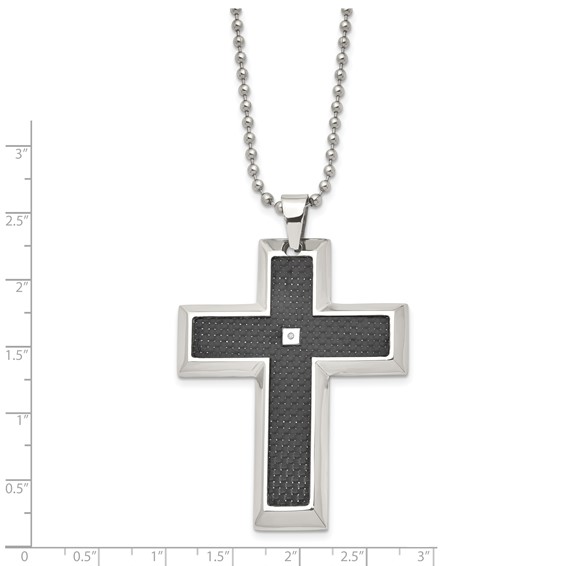 Chisel Stainless Steel Polished with Black Carbon Fiber Inlay .0.1 Carat Diamond Cross Pendant on a 24 inch Ball Chain Necklace