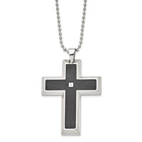 Chisel Stainless Steel Polished Necklace with Black Carbon Fiber Inlay.0.1 Carat Diamond Cross Pendant on a Ball Chain, 24" view 1