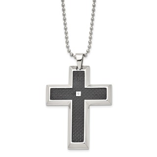Chisel Stainless Steel Polished with Black Carbon Fiber Inlay .0.1 Carat Diamond Cross Pendant on a 24 inch Ball Chain Necklace