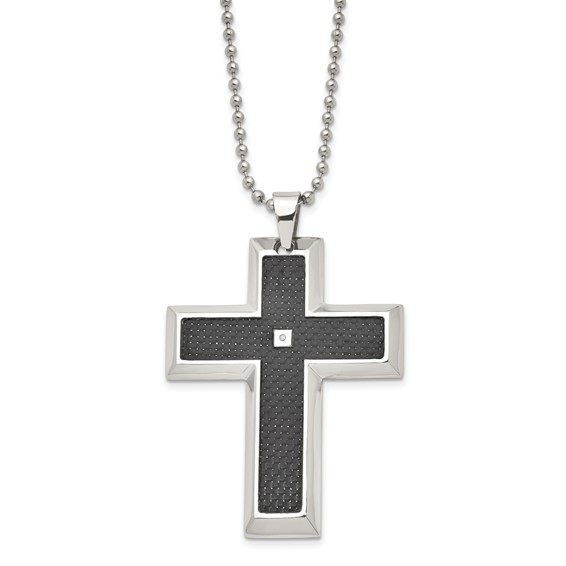 Chisel Stainless Steel Polished with Black Carbon Fiber Inlay .0.1 Carat Diamond Cross Pendant on a 24 inch Ball Chain Necklace
