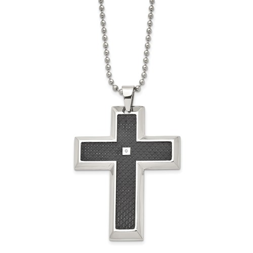 Chisel Stainless Steel Polished Necklace with Black Carbon Fiber Inlay.0.1 Carat Diamond Cross Pendant on a Ball Chain, 24"