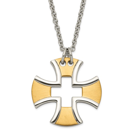 Stainless Steel & Yellow IP-plated Polished & Satin Cross Necklace