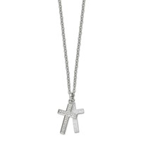 Stainless Steel Polished Laser Cut CZ 2 Piece Cross Necklace, 20" view 3