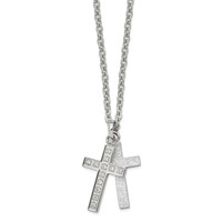 Stainless Steel Polished Laser Cut CZ 2 Piece Cross Necklace, 20" view 1