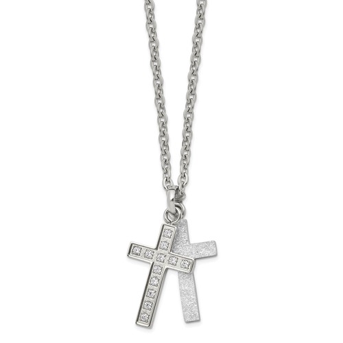 Stainless Steel Polished Laser Cut CZ 2 Piece Cross Necklace, 20"