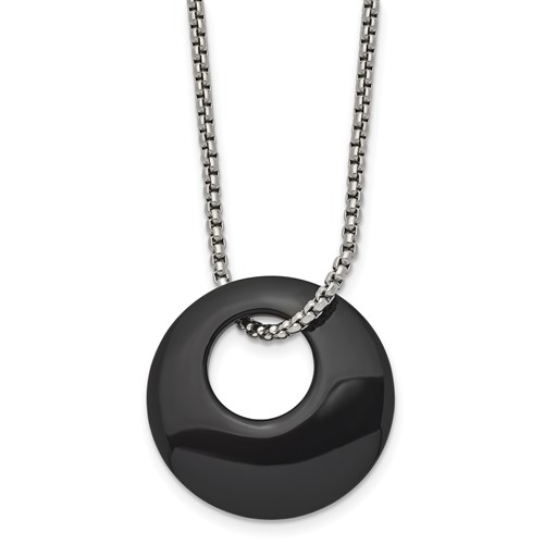 Chisel Stainless Steel Polished Black Onyx Circle Pendant on an Box Chain Necklace, 18"