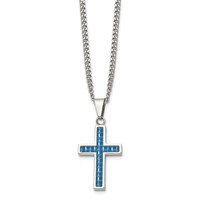 Chisel Stainless Steel Polished Necklace with Blue Carbon Fiber Inlay Cross Pendant on a Curb Chain, 20" view 3
