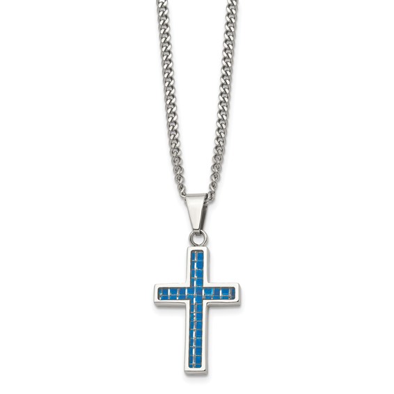 Stainless Steel Blue Carbon Fiber Inlay Cross Necklace
