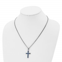 Chisel Stainless Steel Polished Necklace with Blue Carbon Fiber Inlay Cross Pendant on a Curb Chain, 20" view 4