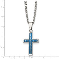 Chisel Stainless Steel Polished Necklace with Blue Carbon Fiber Inlay Cross Pendant on a Curb Chain, 20" view 5
