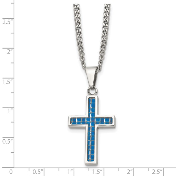 Stainless Steel Blue Carbon Fiber Inlay Cross Necklace