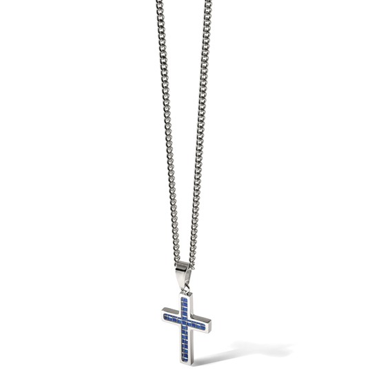 Stainless Steel Blue Carbon Fiber Inlay Cross Necklace