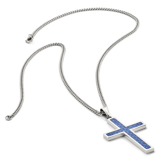 Stainless Steel Blue Carbon Fiber Inlay Cross Necklace