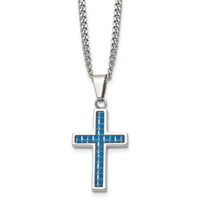 Chisel Stainless Steel Polished Necklace with Blue Carbon Fiber Inlay Cross Pendant on a Curb Chain, 20" view 1