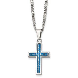 Stainless Steel Blue Carbon Fiber Inlay Cross Necklace