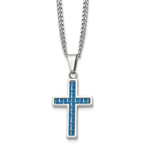Chisel Stainless Steel Polished Necklace with Blue Carbon Fiber Inlay Cross Pendant on a Curb Chain, 20"